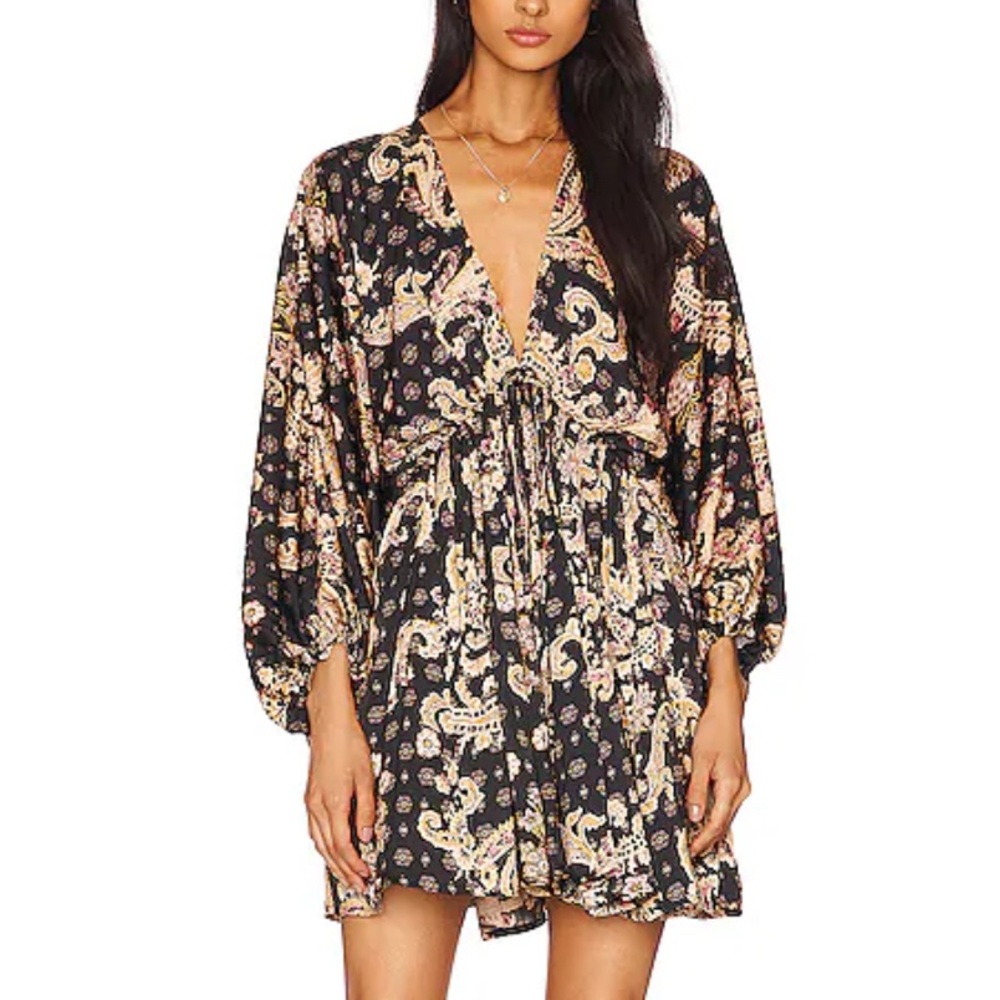 Free People Black and Tan Graphic Tie Front Blouse
